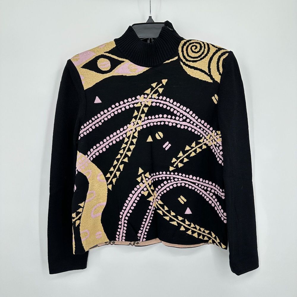 Vtg St. John By Marie Gray Sweater‎ Womens S Black Gold Mock Neck Zip Metallic
